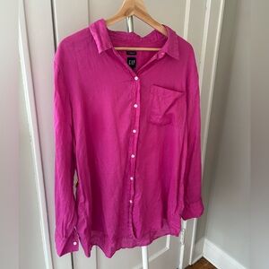 GAP 100% Linen Fuchsia Pink Boyfriend Shirt Sz Lg